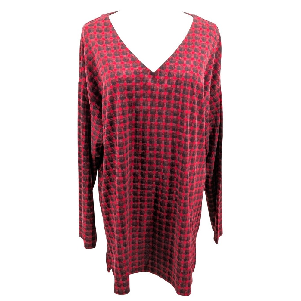 J Jill Supima Cotton Tunic Red Black Plaid V Neck Long Sleeve Plus Size 1X
